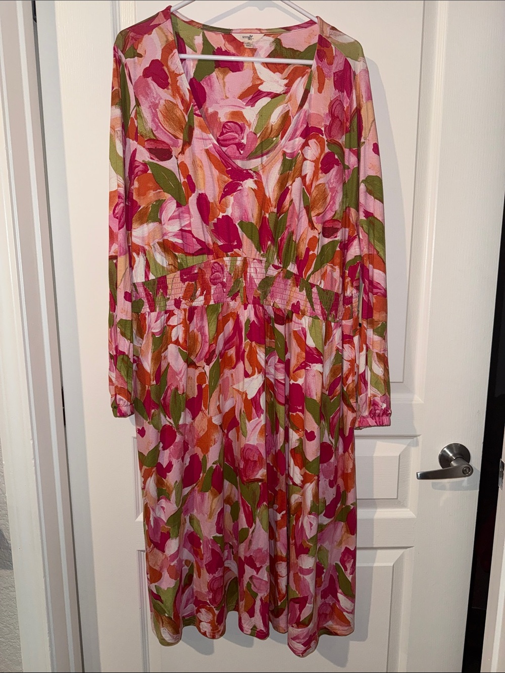 Terra & Sky Pink, Green & Orange Floral V-Neck Long Sleeve Midi Dress